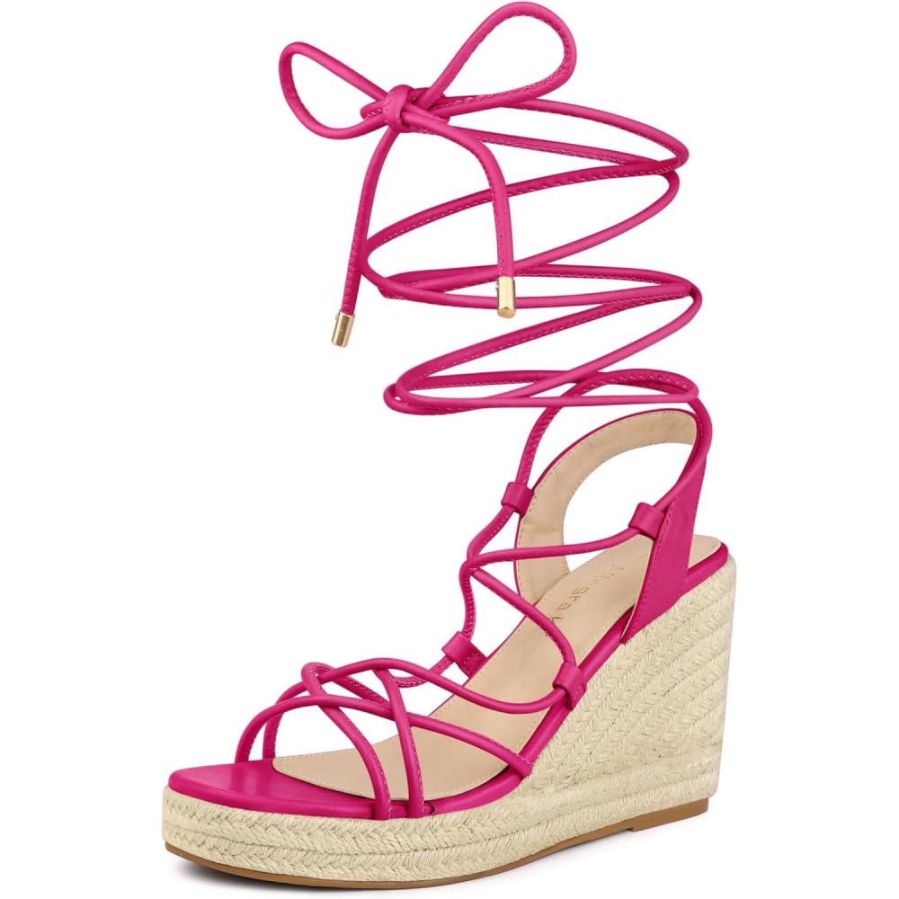 imageAllegra K Womens Platform Square Toe Lace Up Espadrilles Heels Wedge SandalsHot Pink