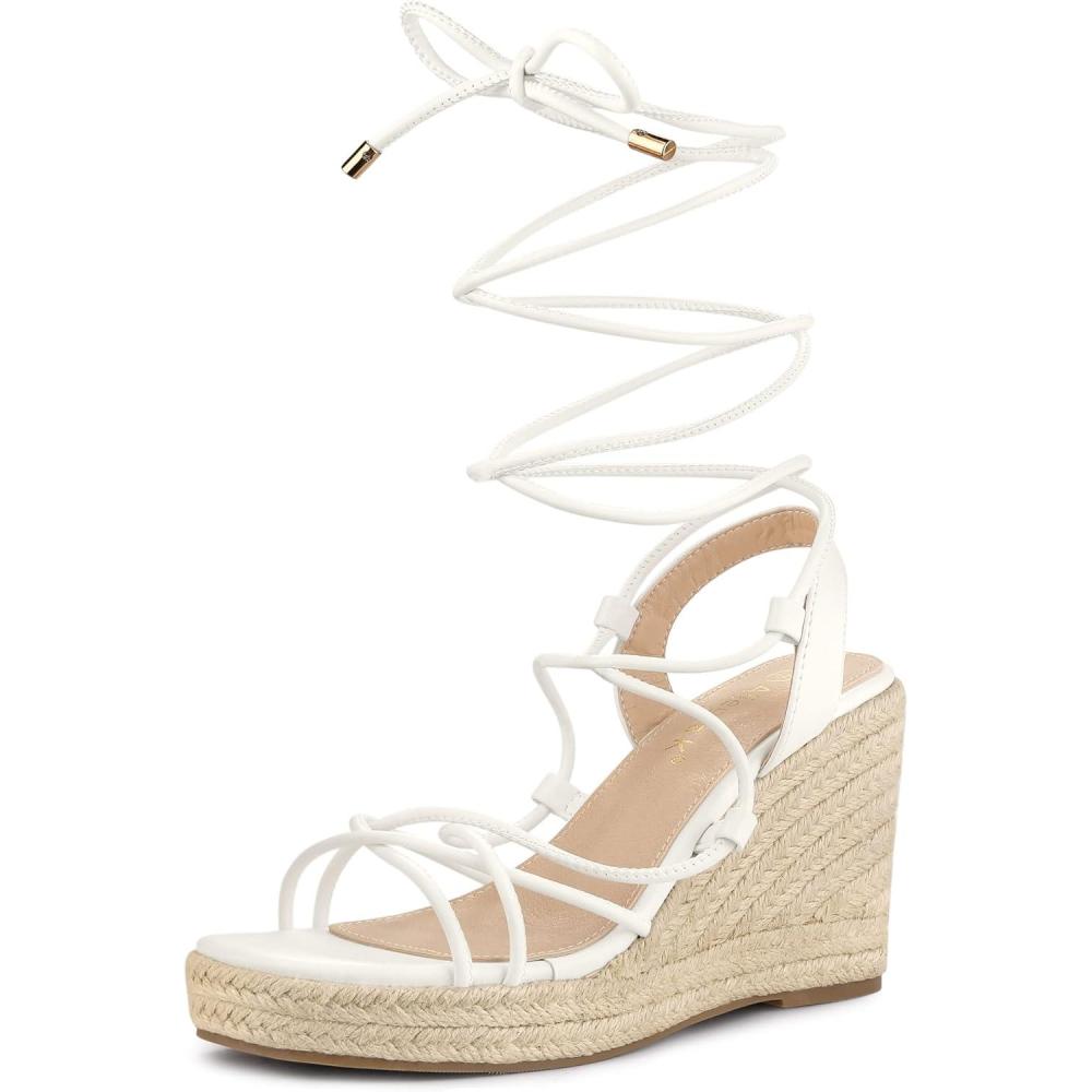 imageAllegra K Womens Platform Square Toe Lace Up Espadrilles Heels Wedge SandalsWhite