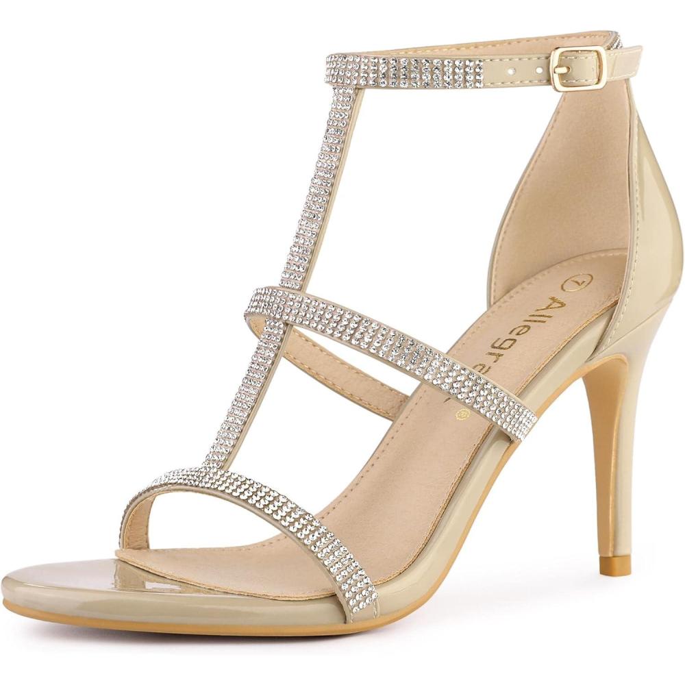 imageAllegra K Womens Rhinestone Ankle Strap Stiletto High Heel SandalsBeige