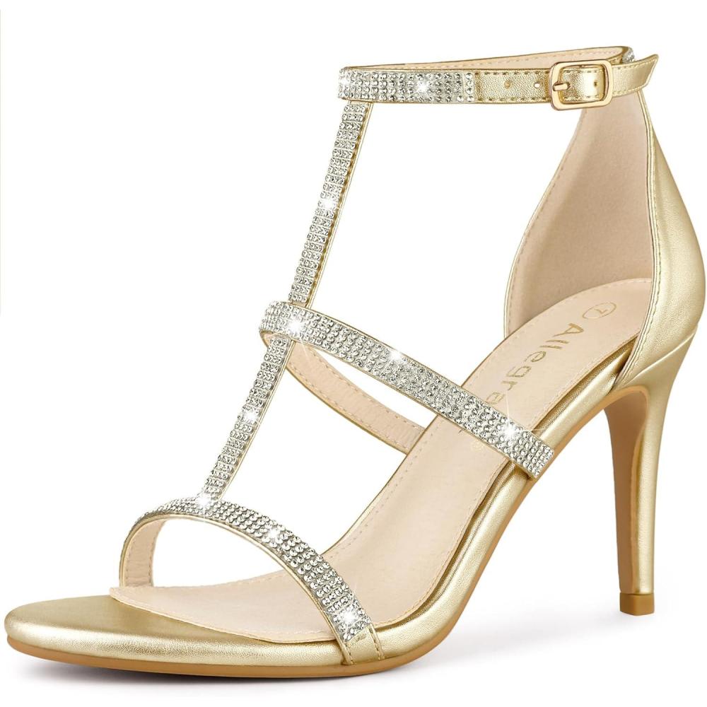 imageAllegra K Womens Rhinestone Ankle Strap Stiletto High Heel SandalsGold