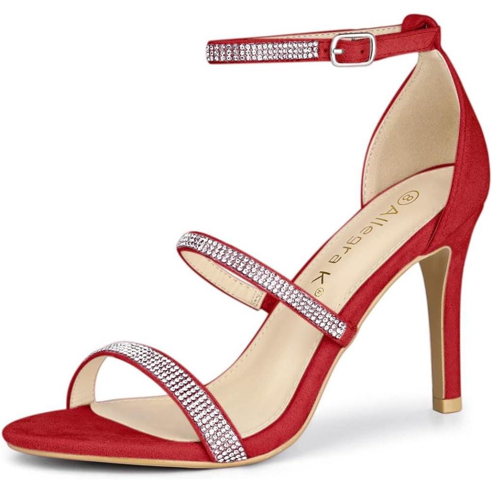 imageAllegra K Womens Rhinestone Ankle Strap Stiletto High Heels SandalsRed