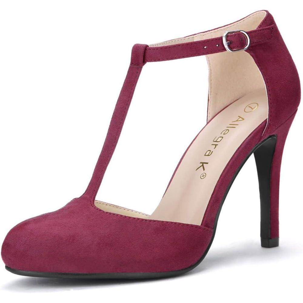 imageAllegra K Womens Rounded Toe Stiletto Heel TStrap Dress PumpsBurgundy