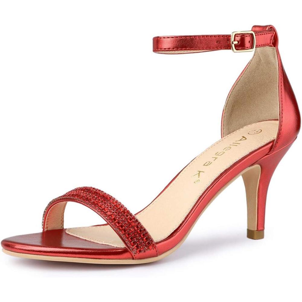 imageAllegra K Womens Stiletto Heels Rhinestone Ankle Strap SandalsRed