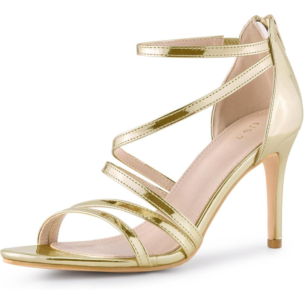 imageAllegra K Womens Strappy Ankle Strap Back Zip Stiletto Heel SandalsGold