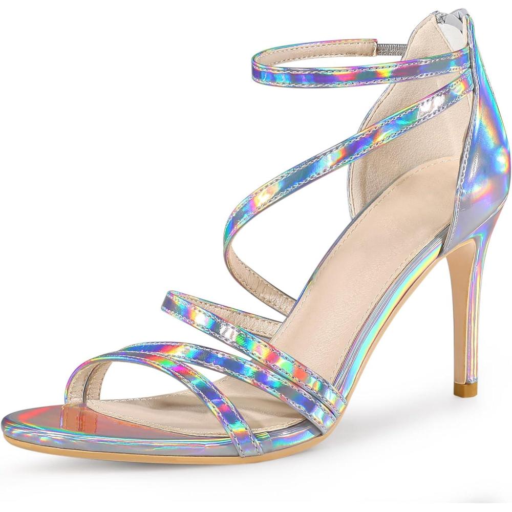 imageAllegra K Womens Strappy Ankle Strap Back Zip Stiletto Heel SandalsSilver