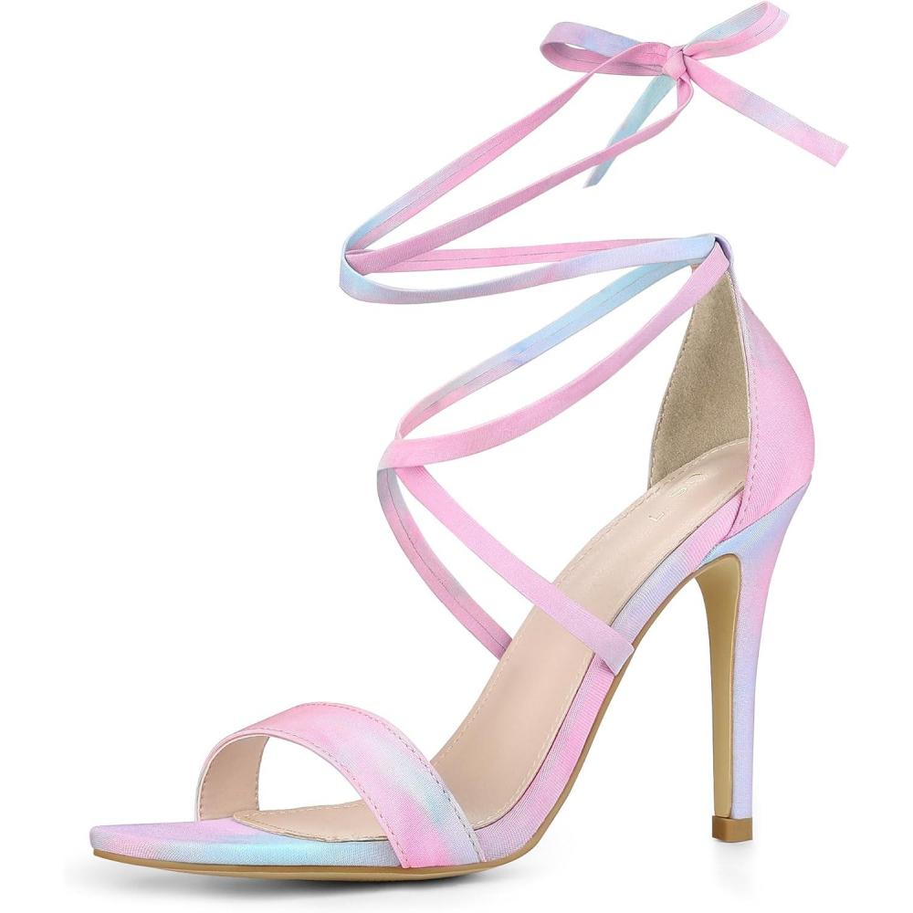 imageAllegra K Womens Tie Dye Lace Up Stiletto Heel SandalsBlue Pink