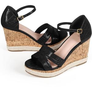 imageAllegra K Womens Cork Wedges Platform Wedge Heel SandalsBlack