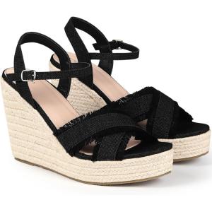 imageAllegra K Womens Denim Wedges Shoes Slingback Platform Wedge Heel SandalsBlack