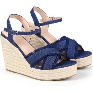 imageAllegra K Womens Denim Wedges Shoes Slingback Platform Wedge Heel SandalsBlue