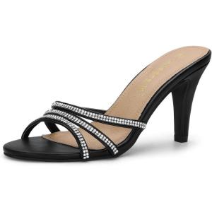 imageAllegra K Womens Open Toe Rhinestone Strappy Stiletto Heels Sandals Slip On Slip On MulesBlack