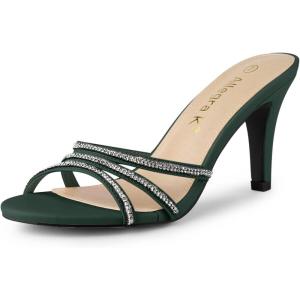 imageAllegra K Womens Open Toe Rhinestone Strappy Stiletto Heels Sandals Slip On Slip On MulesDark Green