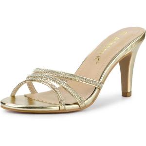 imageAllegra K Womens Open Toe Rhinestone Strappy Stiletto Heels Sandals Slip On Slip On MulesGold