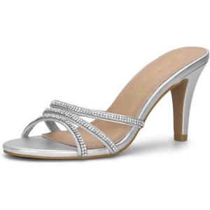 imageAllegra K Womens Open Toe Rhinestone Strappy Stiletto Heels Sandals Slip On Slip On MulesSilver
