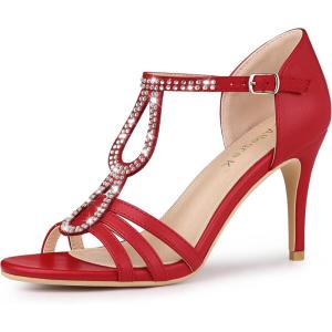 imageAllegra K Womens Rhinestone Ankle Strap Open Toe Stiletto Heels SandalsRed