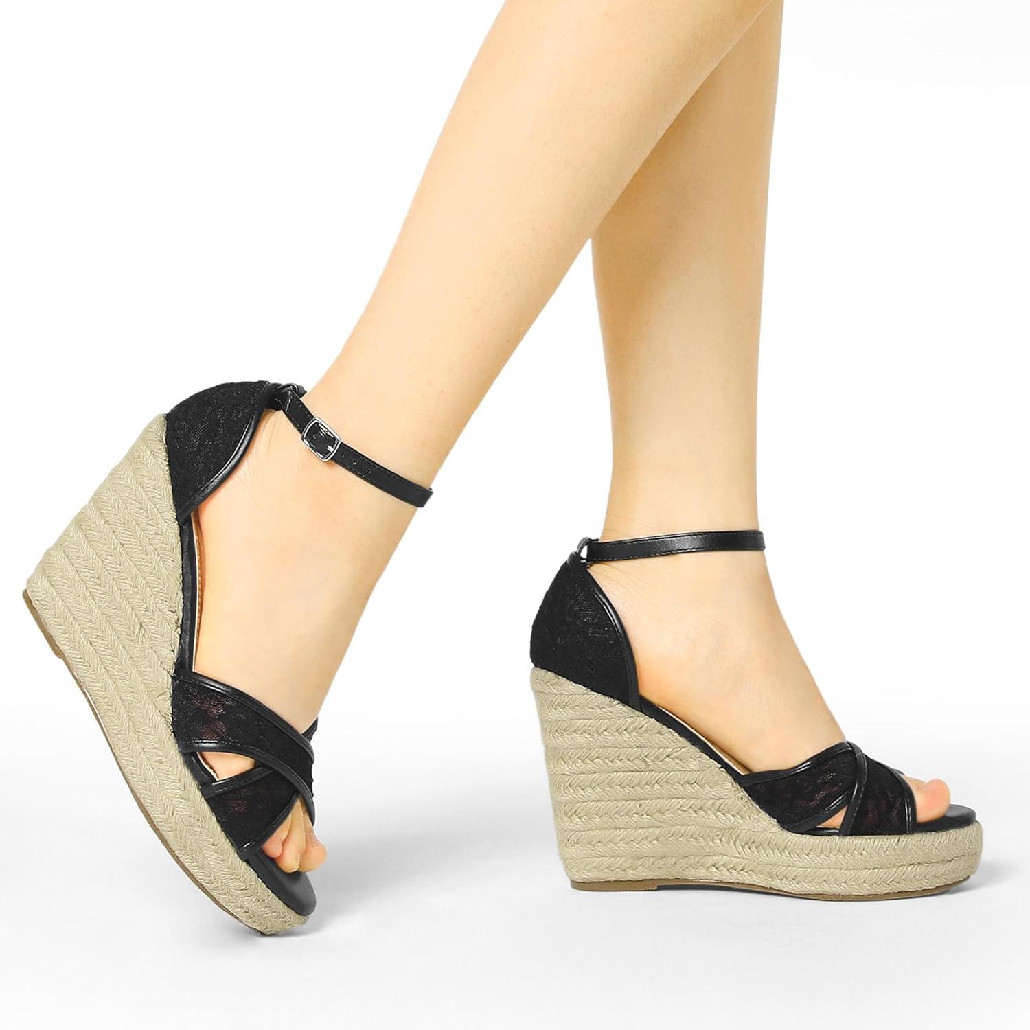 imageAllegra K Womens Espadrilles Lace Wedges Wedge SandalsBlack