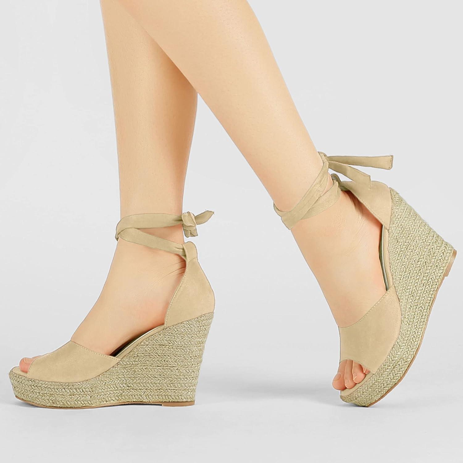 imageAllegra K Womens Espadrilles Tie Up Ankle Strap Wedges SandalsBeige