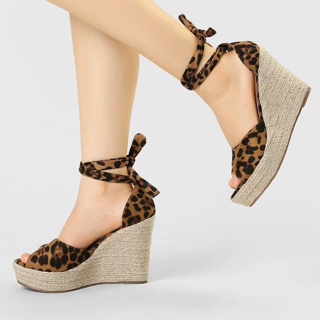 imageAllegra K Womens Espadrilles Tie Up Ankle Strap Wedges SandalsLeopard
