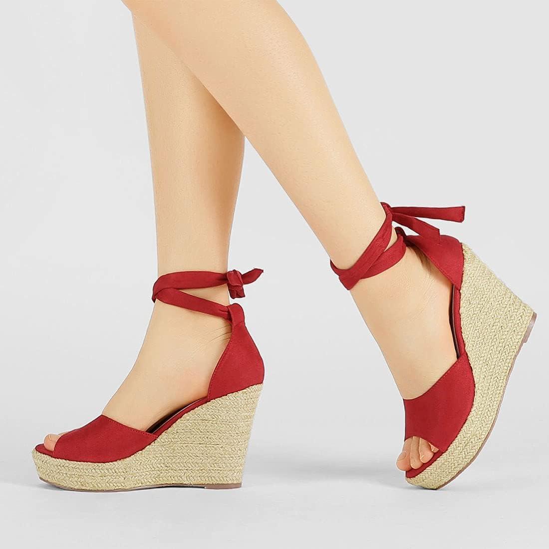 imageAllegra K Womens Espadrilles Tie Up Ankle Strap Wedges SandalsRed