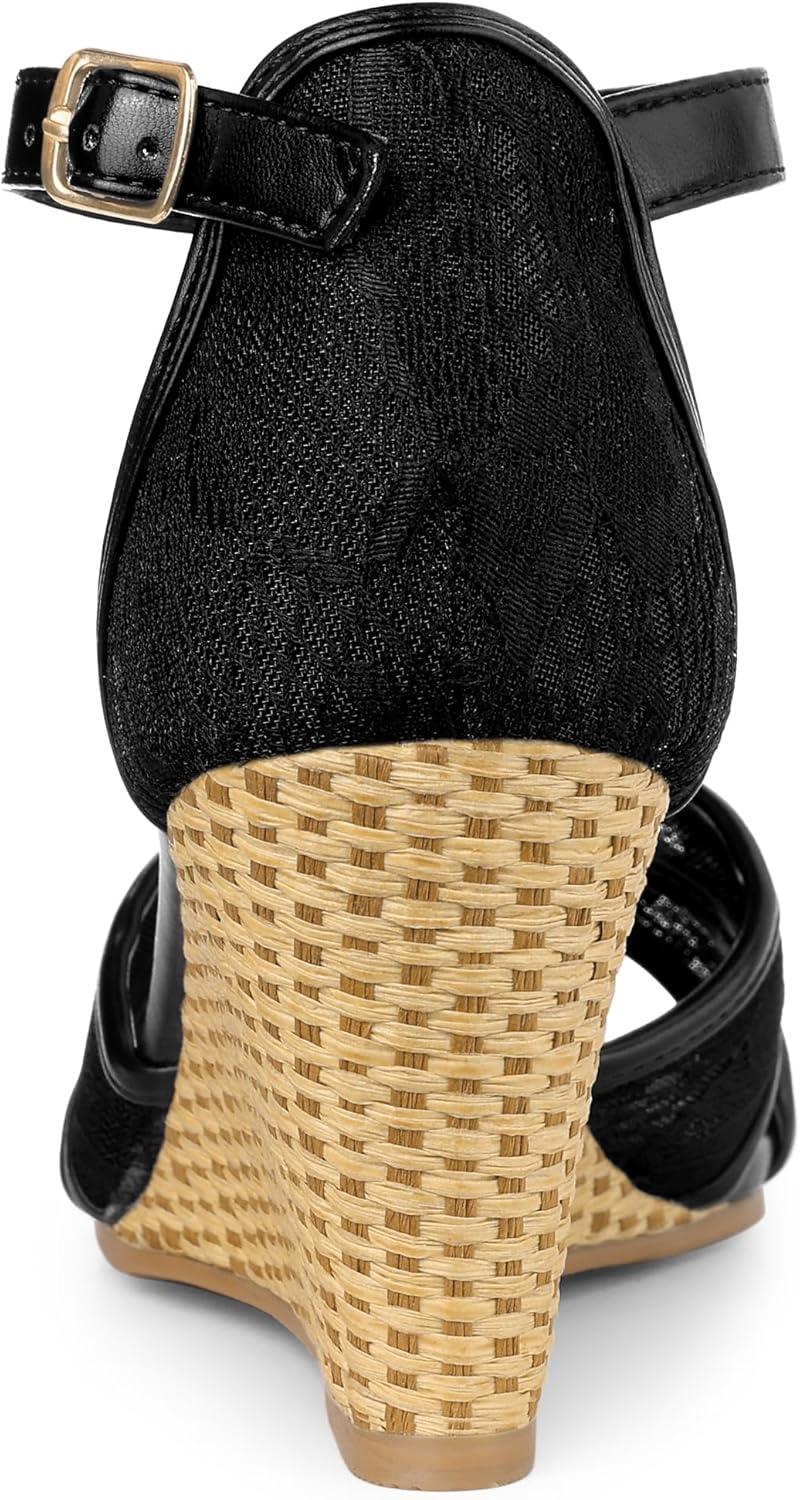 imageAllegra K Womens Floral Lace Mesh Wedges SandalsBlack