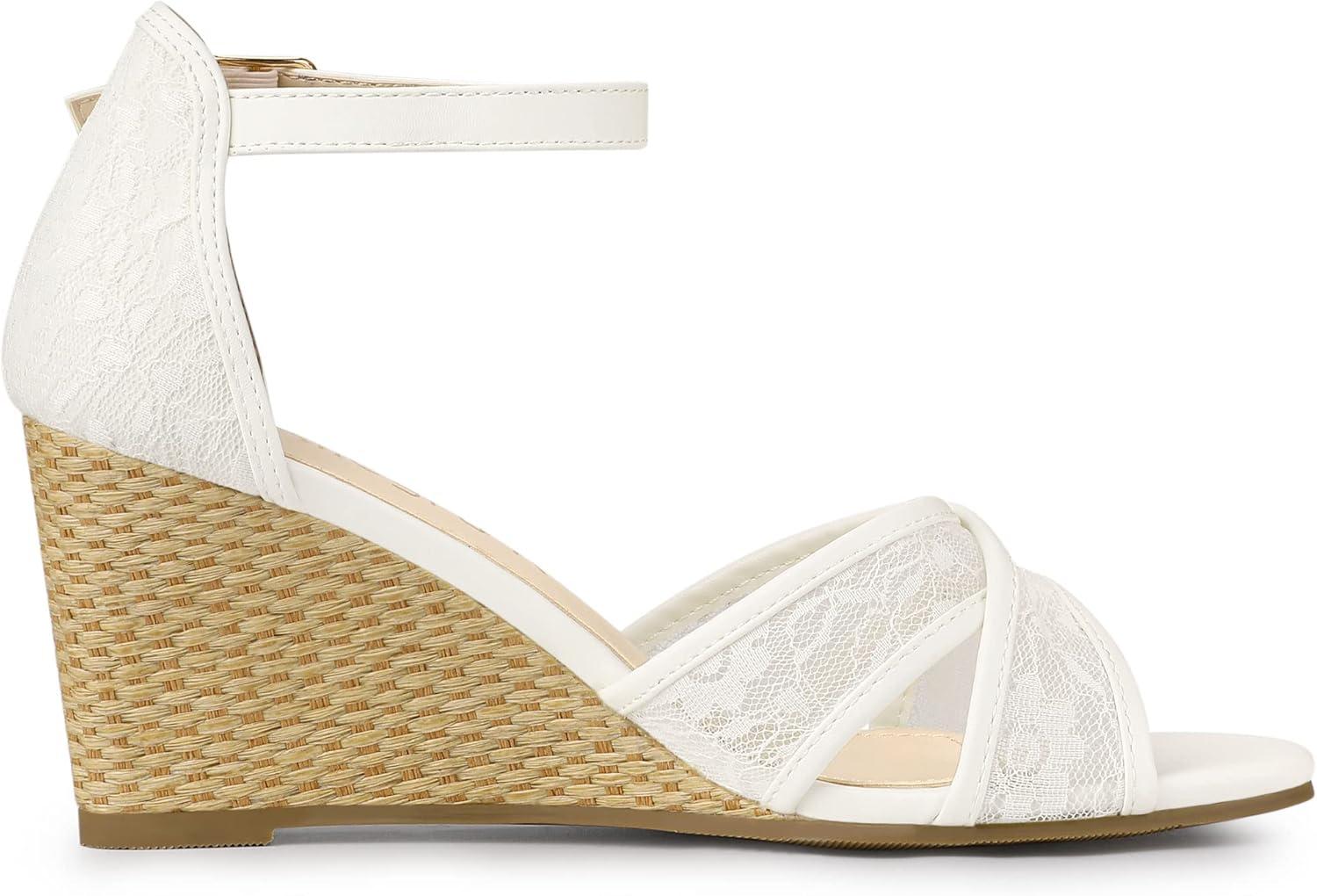 imageAllegra K Womens Floral Lace Mesh Wedges SandalsWhite