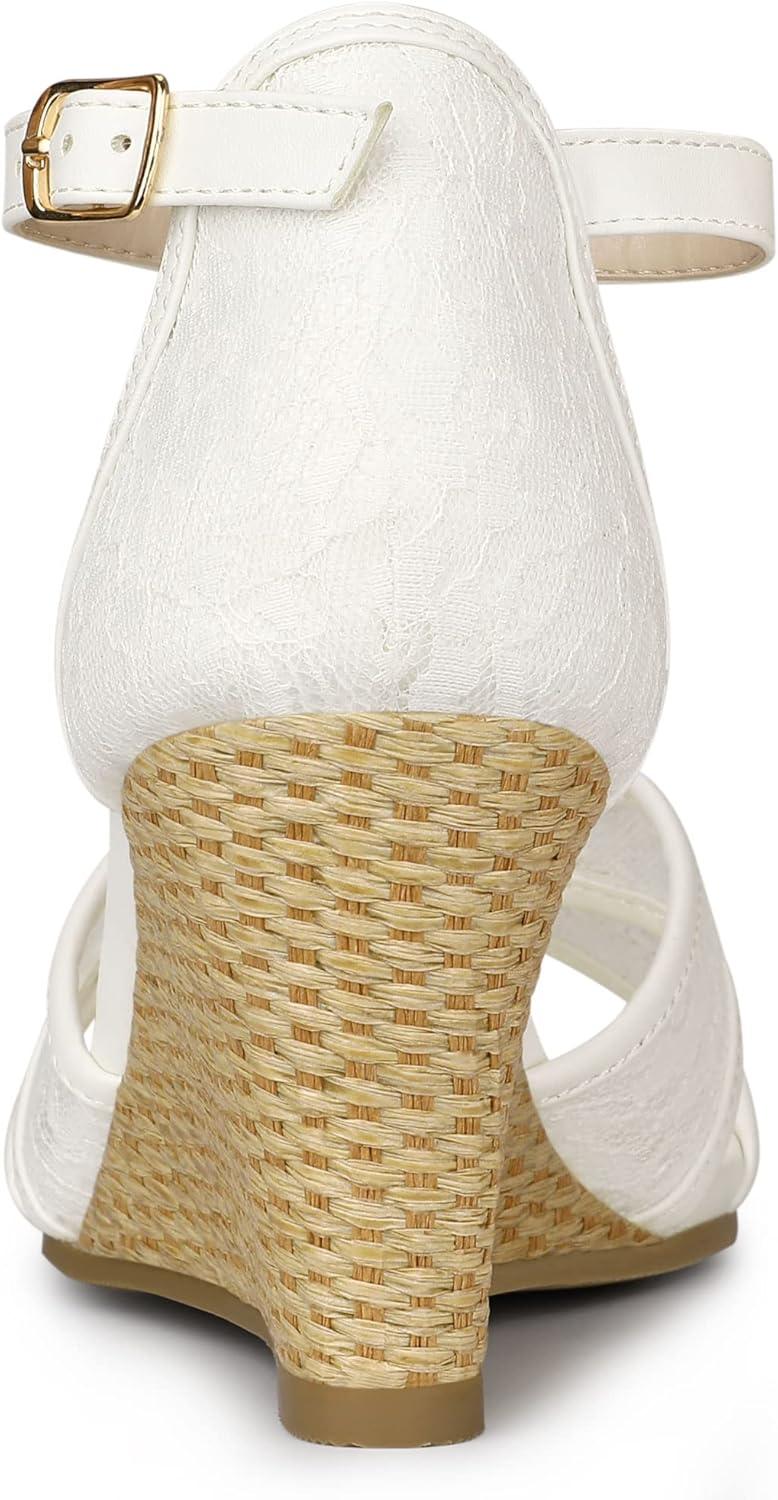 imageAllegra K Womens Floral Lace Mesh Wedges SandalsWhite