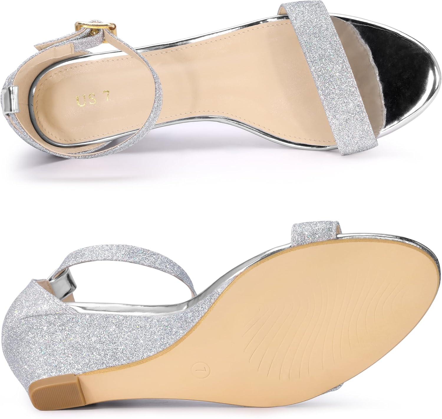 imageAllegra K Womens Glitter Heels Open Toe Wedge Heel SandalsSilver