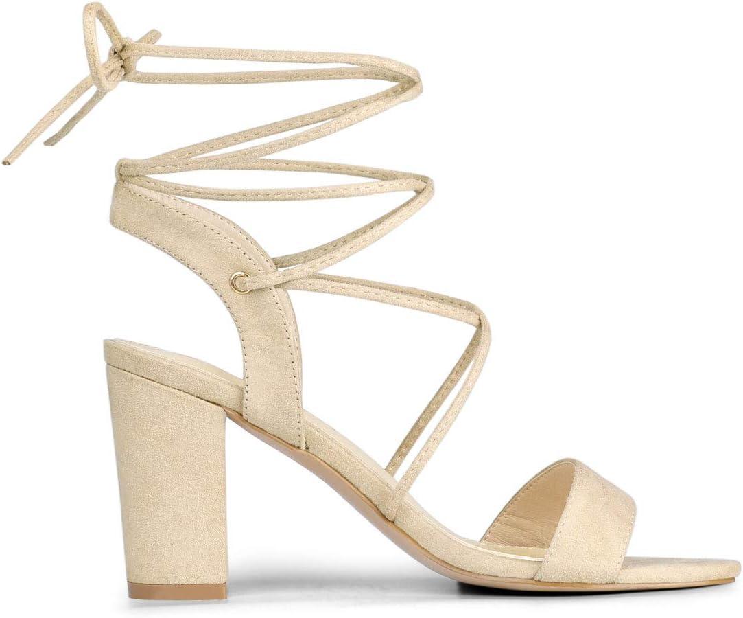 imageAllegra K Womens Lace Up Block High Heels SandalsBeige