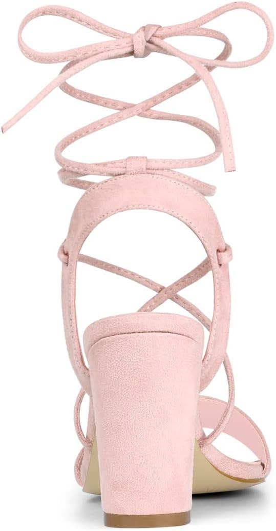 imageAllegra K Womens Lace Up Block High Heels SandalsLight Pink