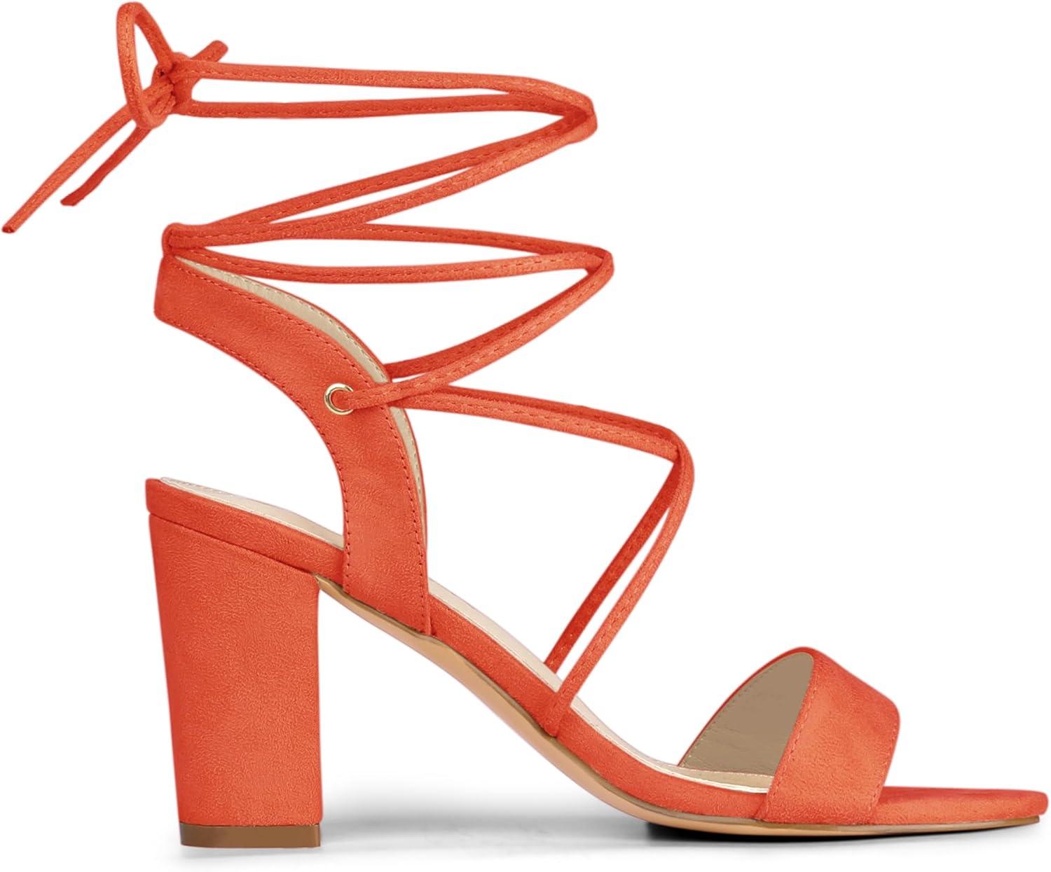 imageAllegra K Womens Lace Up Block High Heels SandalsOrange
