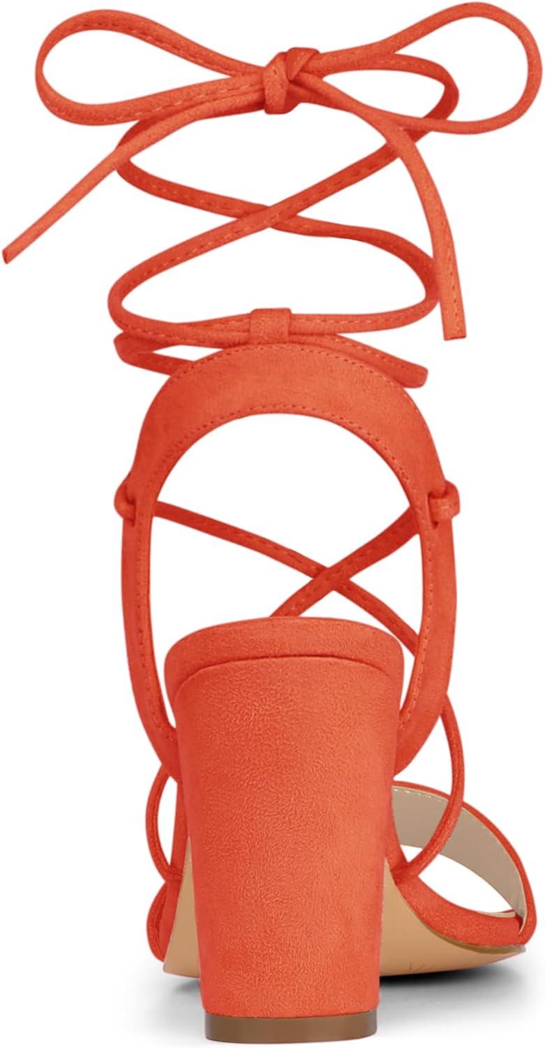 imageAllegra K Womens Lace Up Block High Heels SandalsOrange