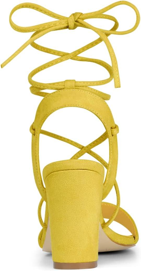 imageAllegra K Womens Lace Up Block High Heels SandalsYellow