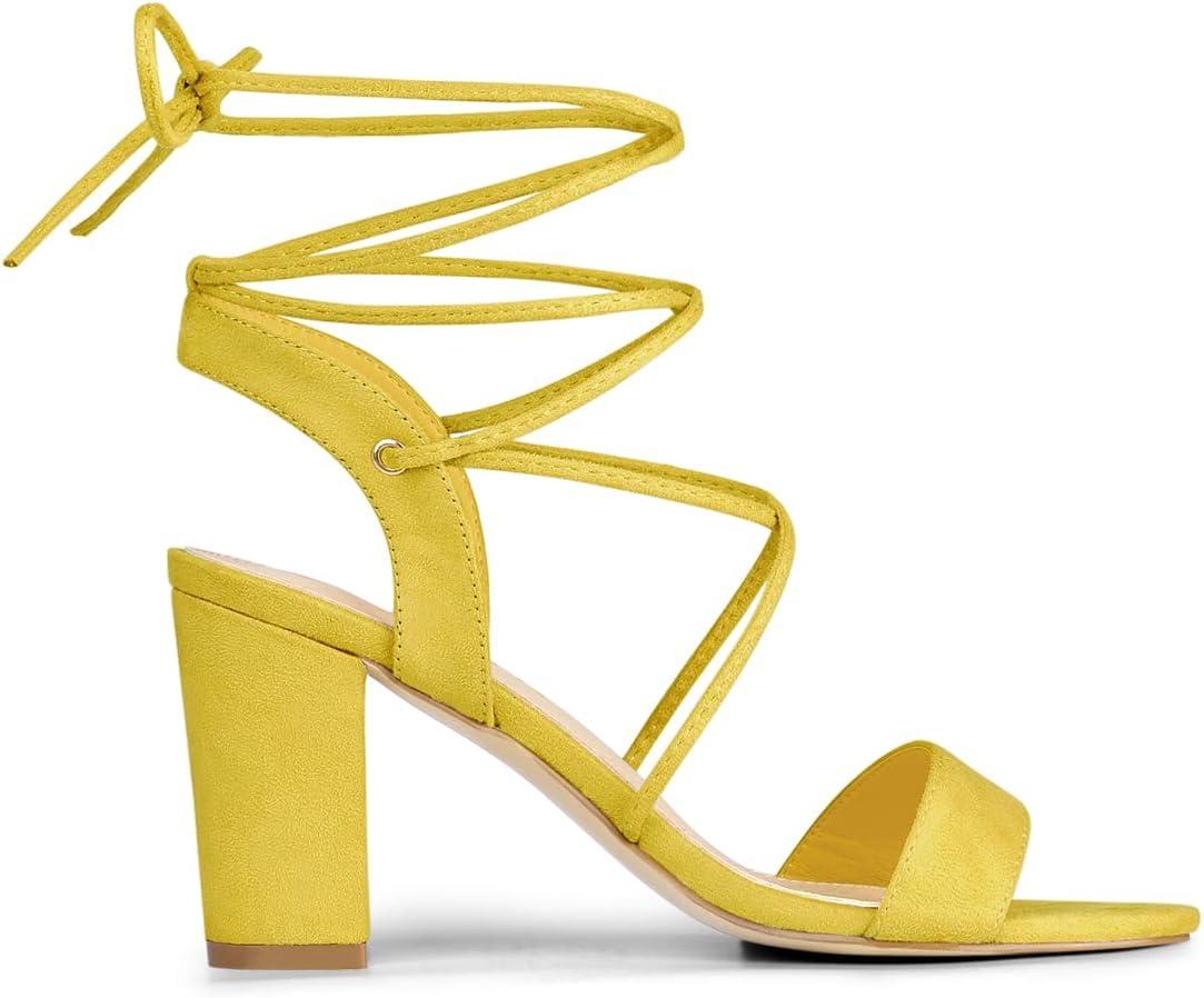 imageAllegra K Womens Lace Up Block High Heels SandalsYellow