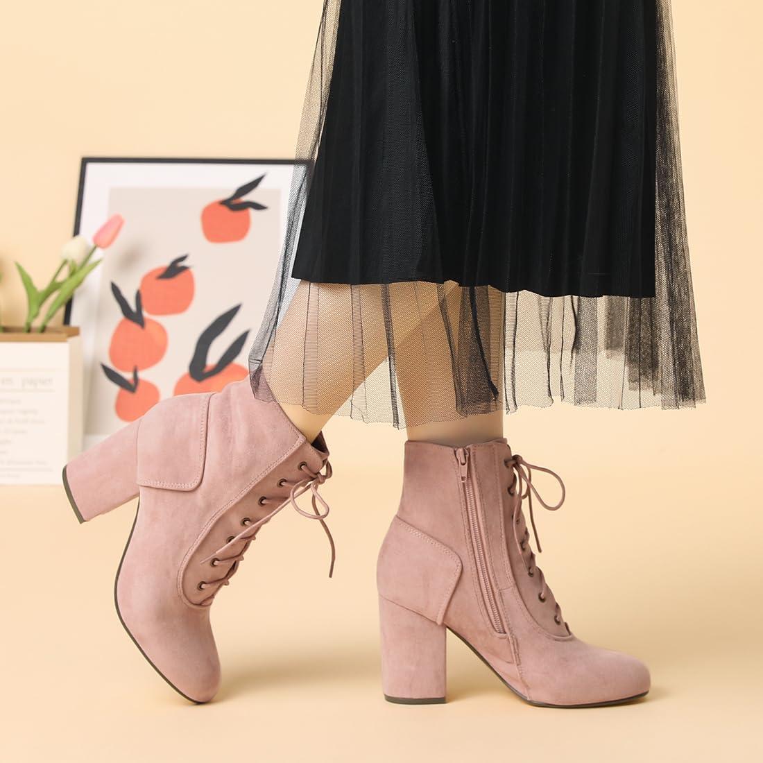 imageAllegra K Womens Lace Up Chunky Heel Ankle BootiesDust Pink