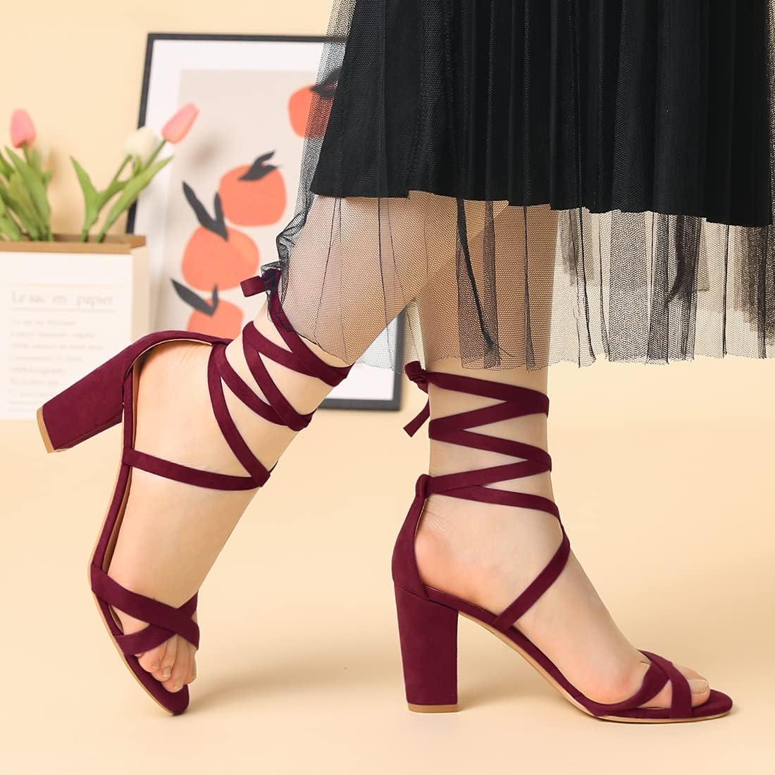 imageAllegra K Womens Lace Up High Block Heeled SandalsBurgundy