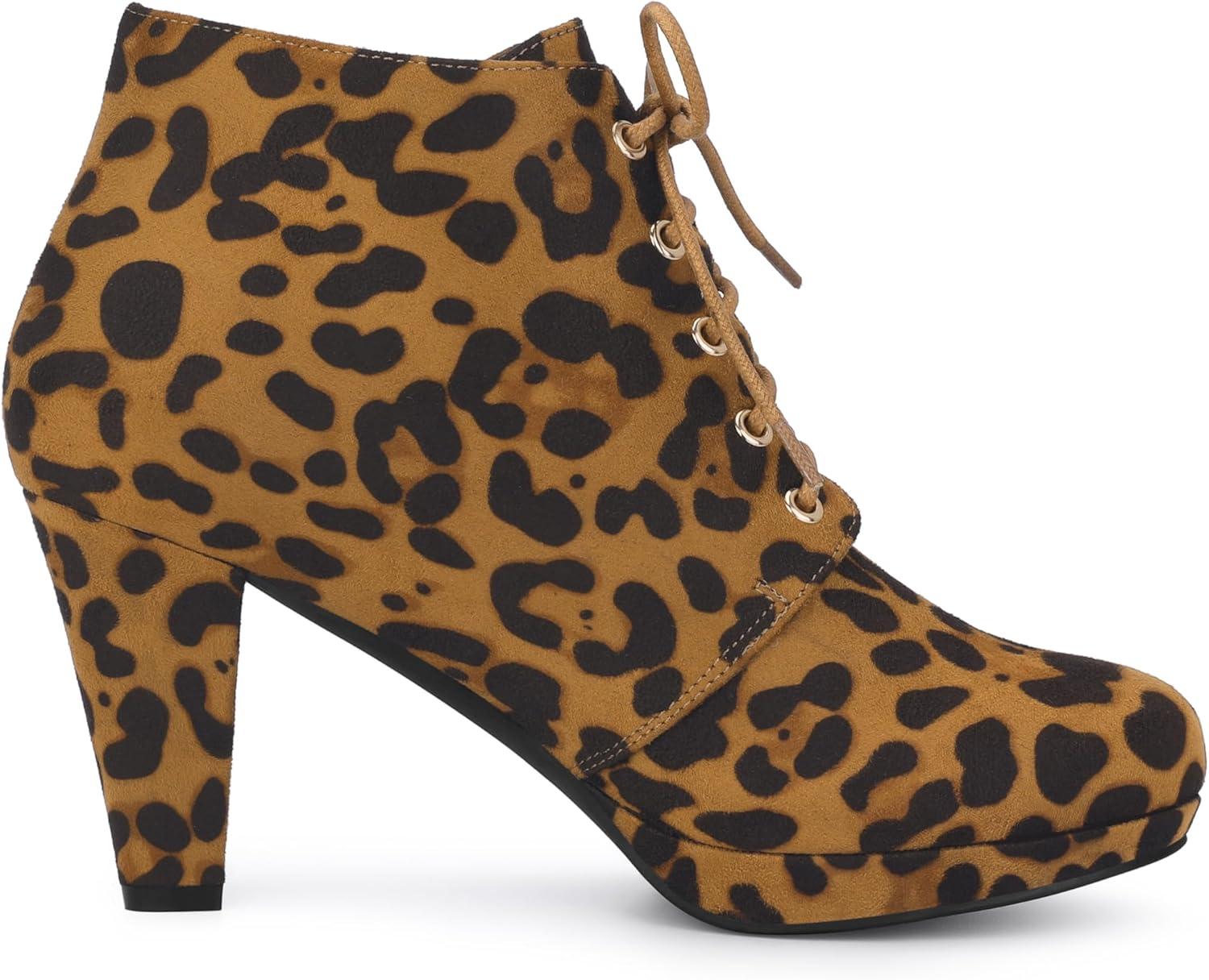 imageAllegra K Womens Lace Up Platform Block Heels Ankle BootsLeopard