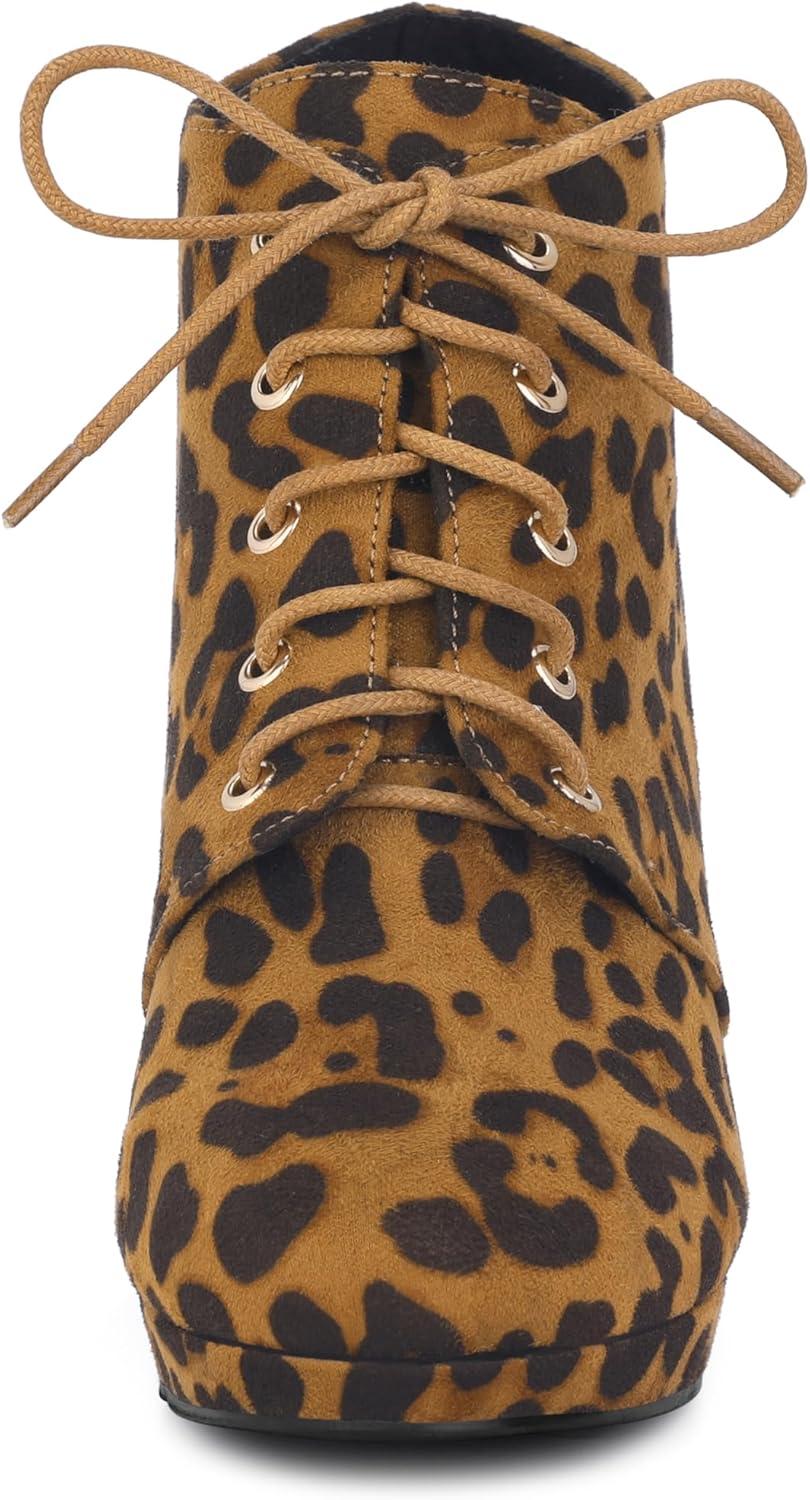 imageAllegra K Womens Lace Up Platform Block Heels Ankle BootsLeopard