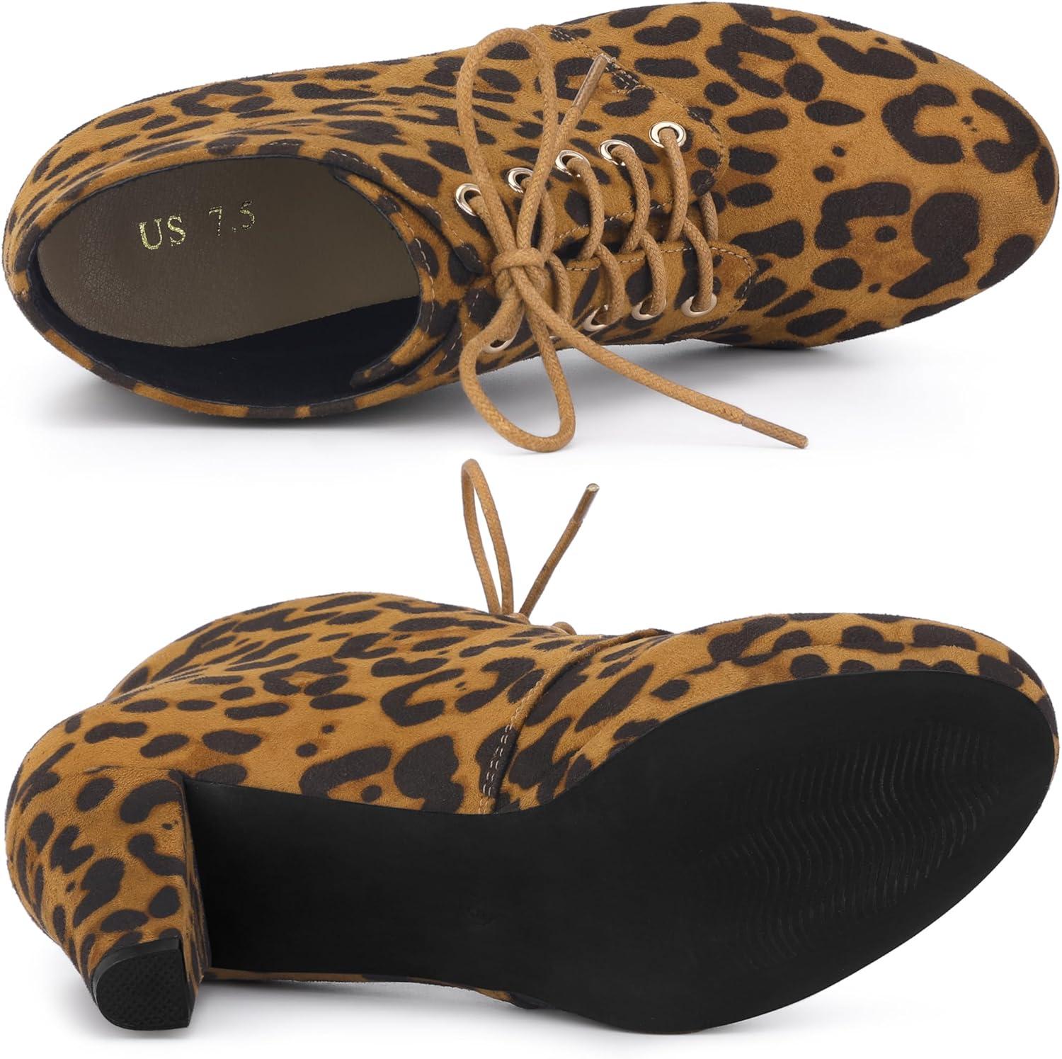 imageAllegra K Womens Lace Up Platform Block Heels Ankle BootsLeopard