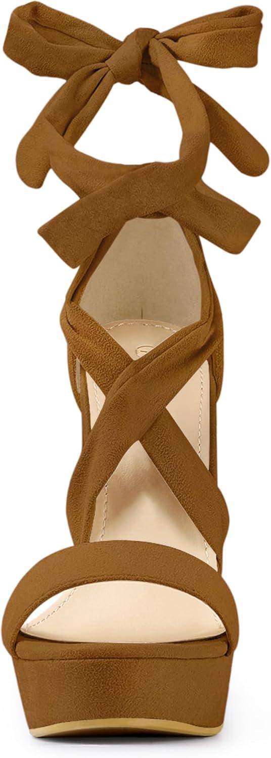 imageAllegra K Womens Lace Up Platform Heels Sandals Brown Heels Sandals 6 M US