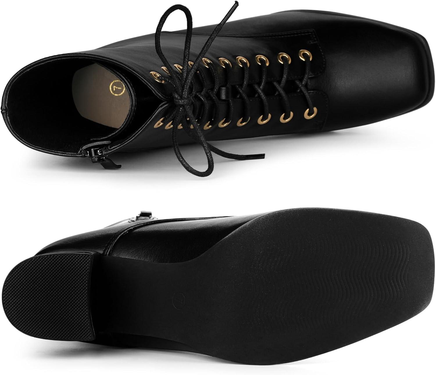 imageAllegra K Womens Lace Up Square Toe Chunky Heels Ankle Combat BootsBlack