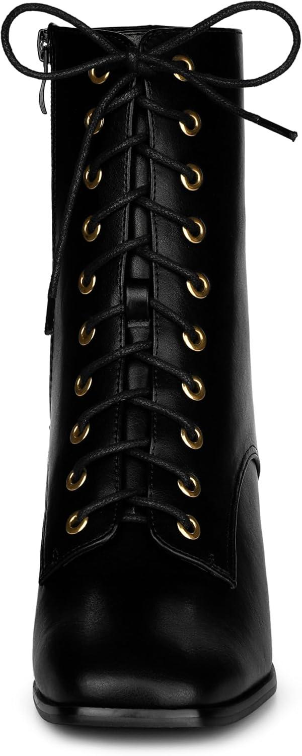 imageAllegra K Womens Lace Up Square Toe Chunky Heels Ankle Combat BootsBlack
