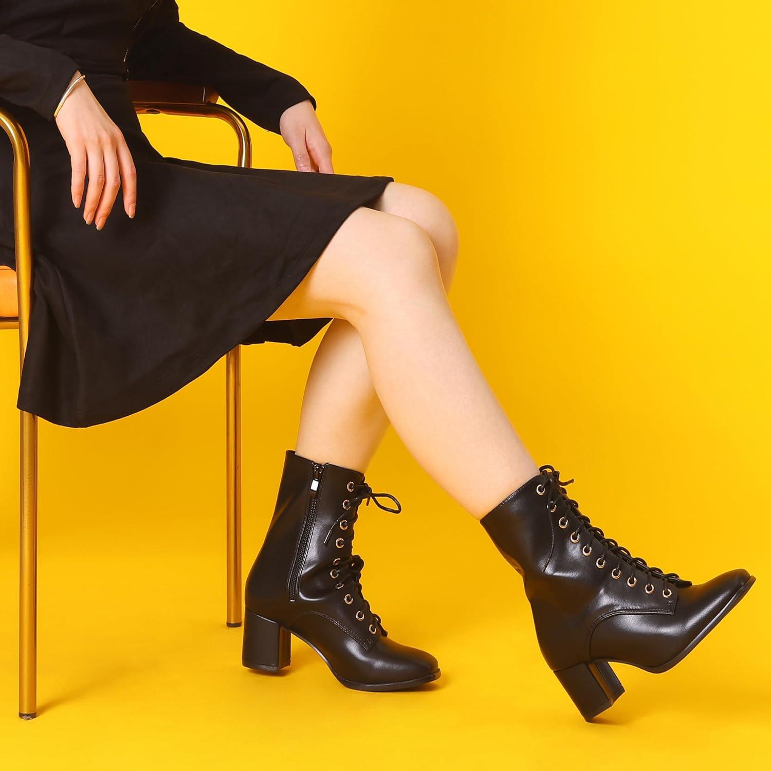 imageAllegra K Womens Lace Up Square Toe Chunky Heels Ankle Combat BootsBlack