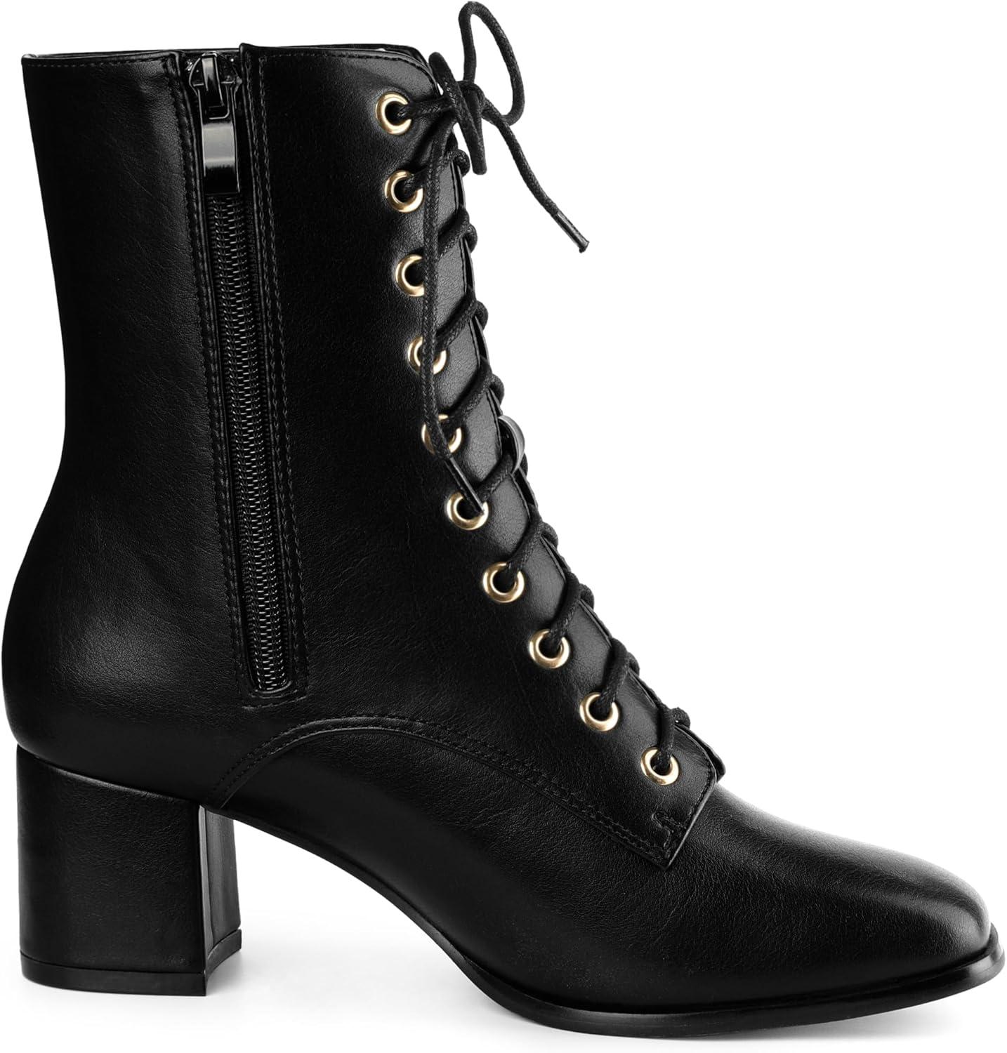 imageAllegra K Womens Lace Up Square Toe Chunky Heels Ankle Combat BootsBlack