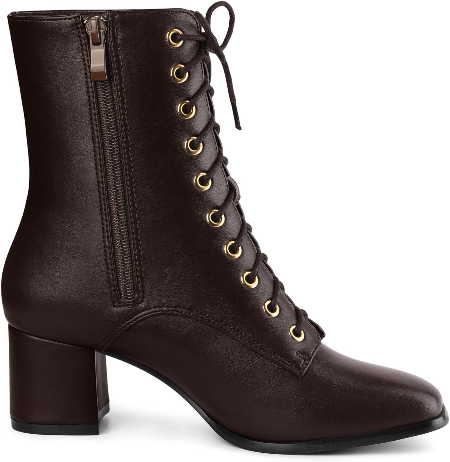 imageAllegra K Womens Lace Up Square Toe Chunky Heels Ankle Combat BootsCoffee