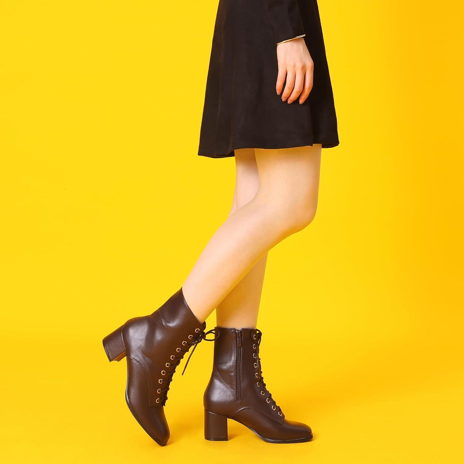 imageAllegra K Womens Lace Up Square Toe Chunky Heels Ankle Combat BootsCoffee