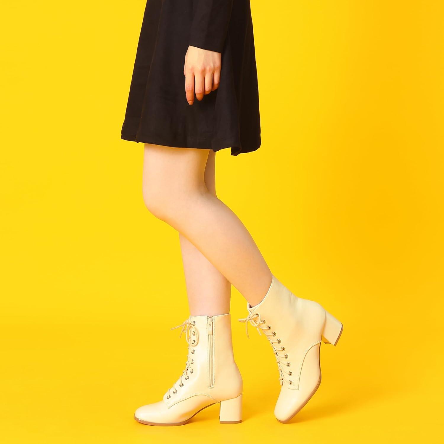 imageAllegra K Womens Lace Up Square Toe Chunky Heels Ankle Combat BootsCream