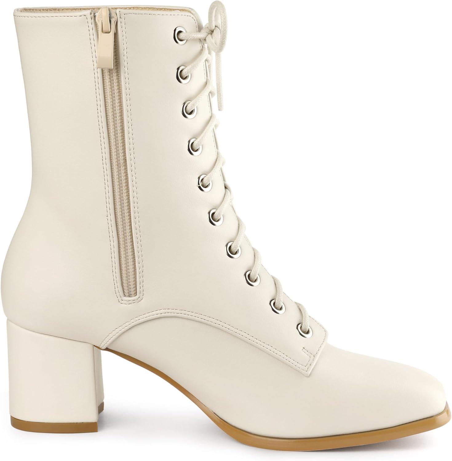 imageAllegra K Womens Lace Up Square Toe Chunky Heels Ankle Combat BootsCream