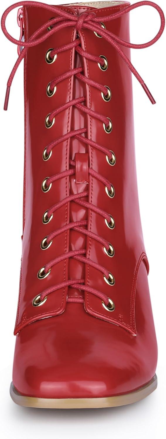 imageAllegra K Womens Lace Up Square Toe Chunky Heels Ankle Combat BootsRed