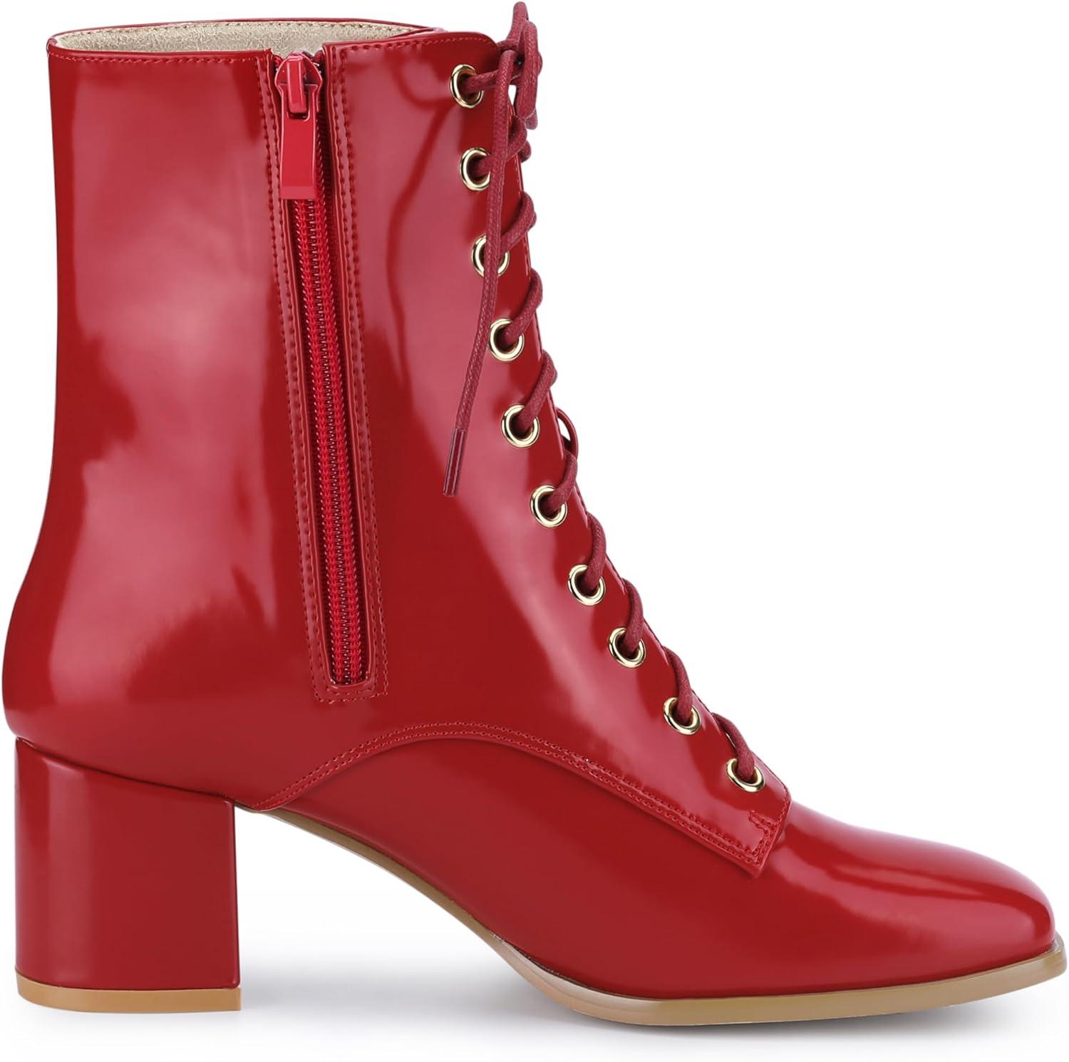 imageAllegra K Womens Lace Up Square Toe Chunky Heels Ankle Combat BootsRed