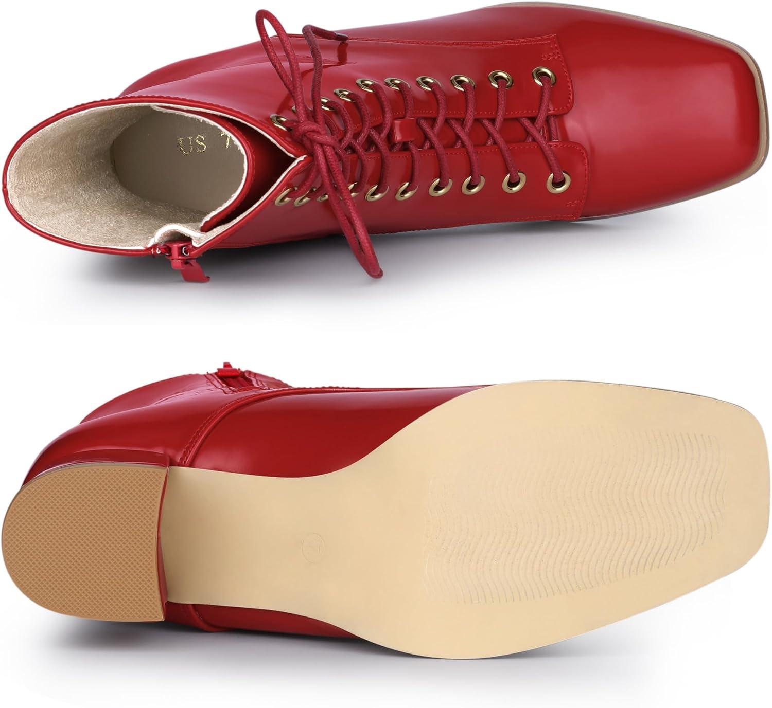 imageAllegra K Womens Lace Up Square Toe Chunky Heels Ankle Combat BootsRed