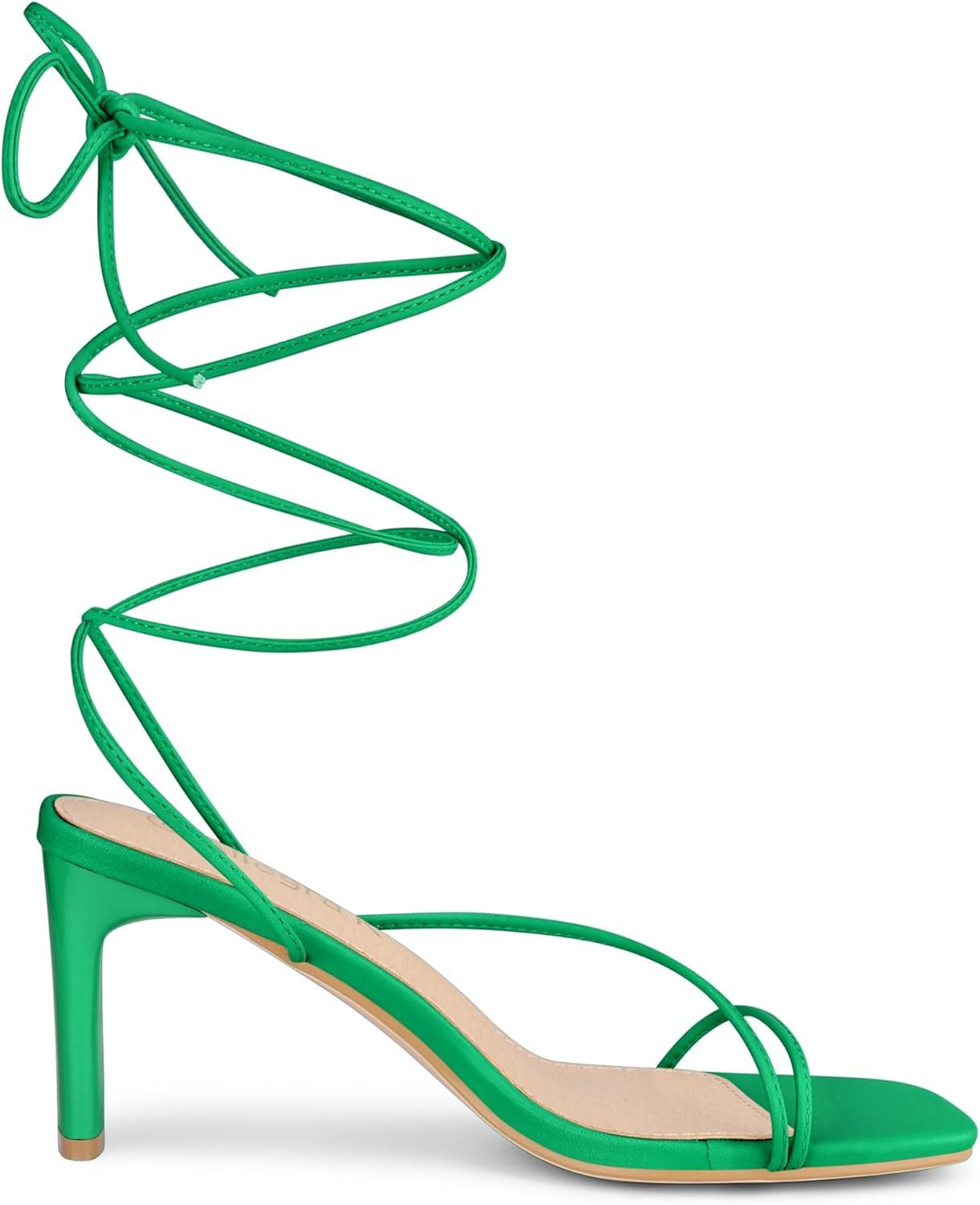 imageAllegra K Womens Lace Up Strappy Block High Heel SandalsGreen